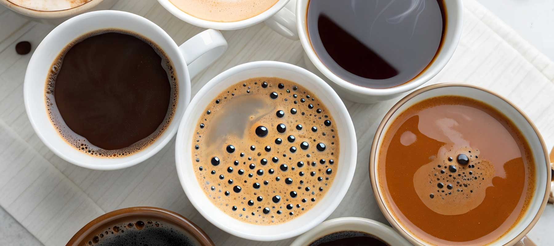 Collection of coffee cups with different levels of coffee grounds on a white surface
