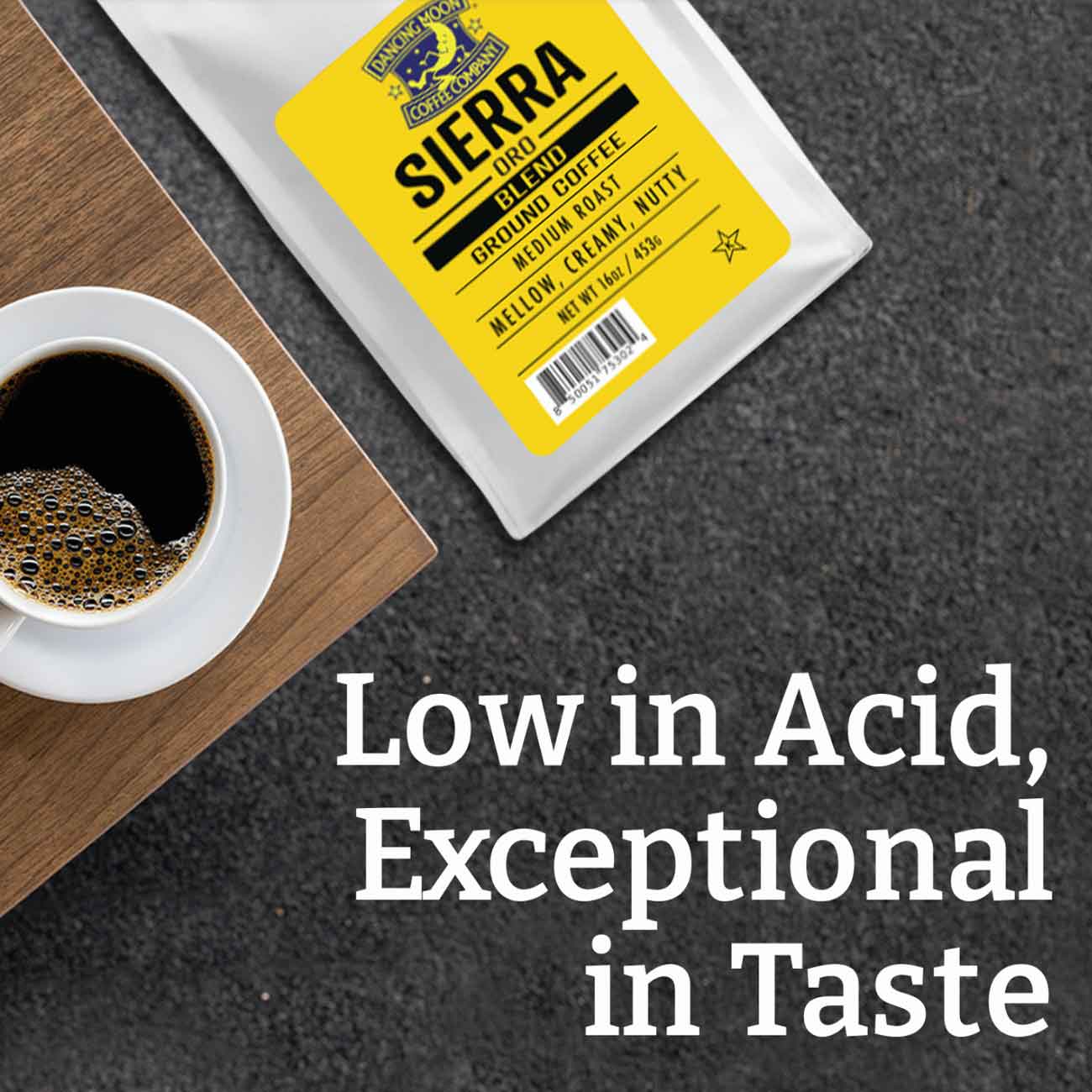 Sierra Coffee Blend package with a cup of coffee on a wooden surface.