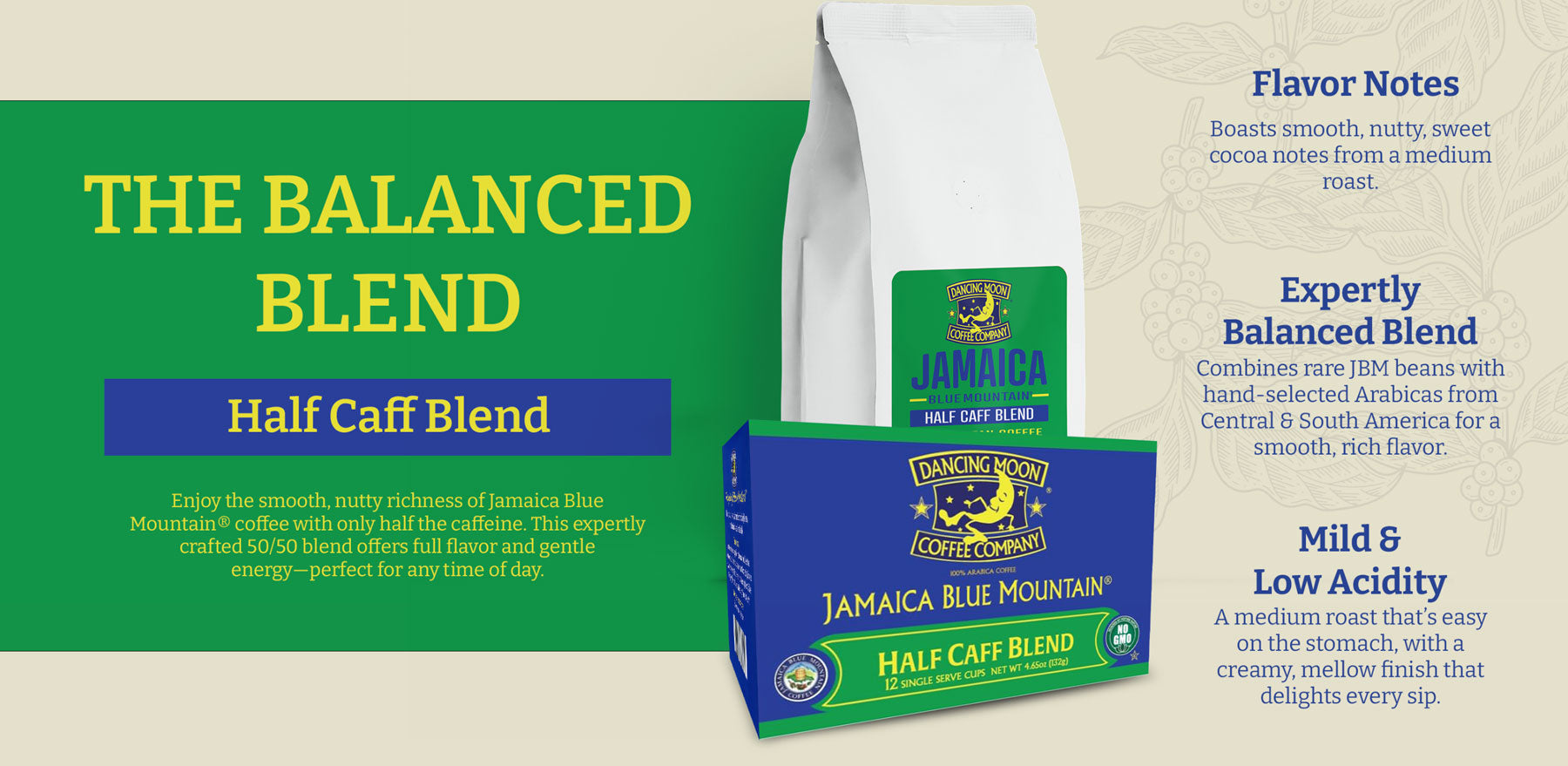 Jamaica Blue Mountain coffee packaging with green and blue design on a beige background