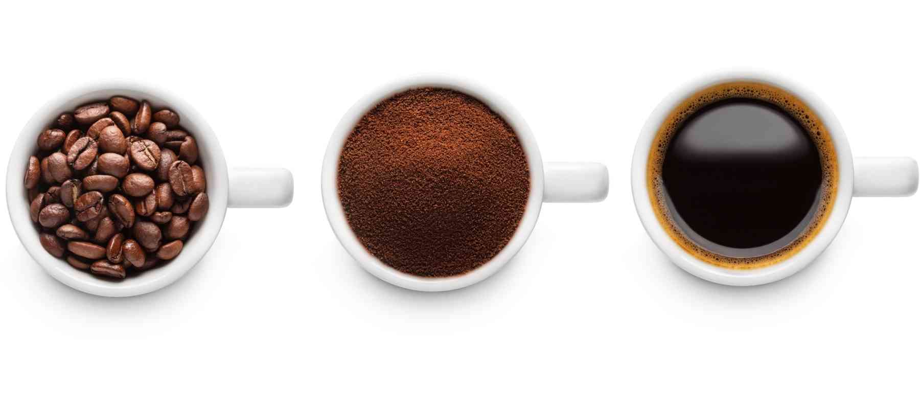 Three stages of coffee preparation: coffee beans, ground coffee, and brewed coffee in a cup.