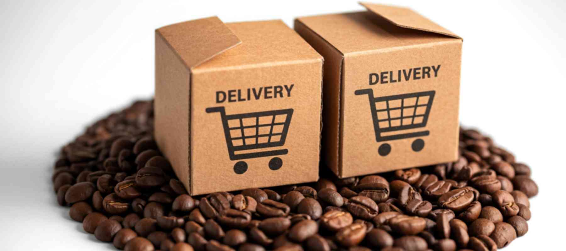 Two cardboard boxes with 'Delivery' and shopping cart icons on a bed of coffee beans.