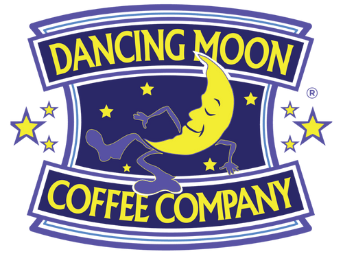 Logo of Dancing Moon Coffee Company with a stylized moon and stars on a blue background.