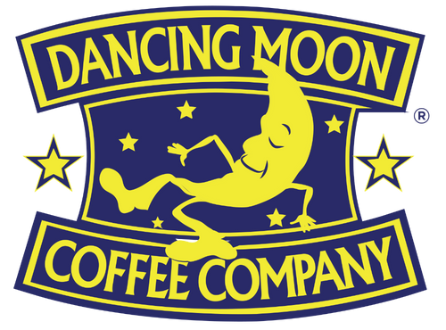 Logo of the Dancing Moon Coffee Company with a yellow moon character on a blue background.