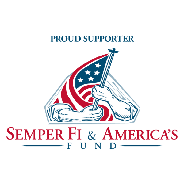 Logo of Semper Fi & America's Fund with a hand holding an American flag on a white background.