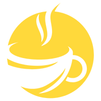 Logo of a white coffee cup and steam on a yellow circle