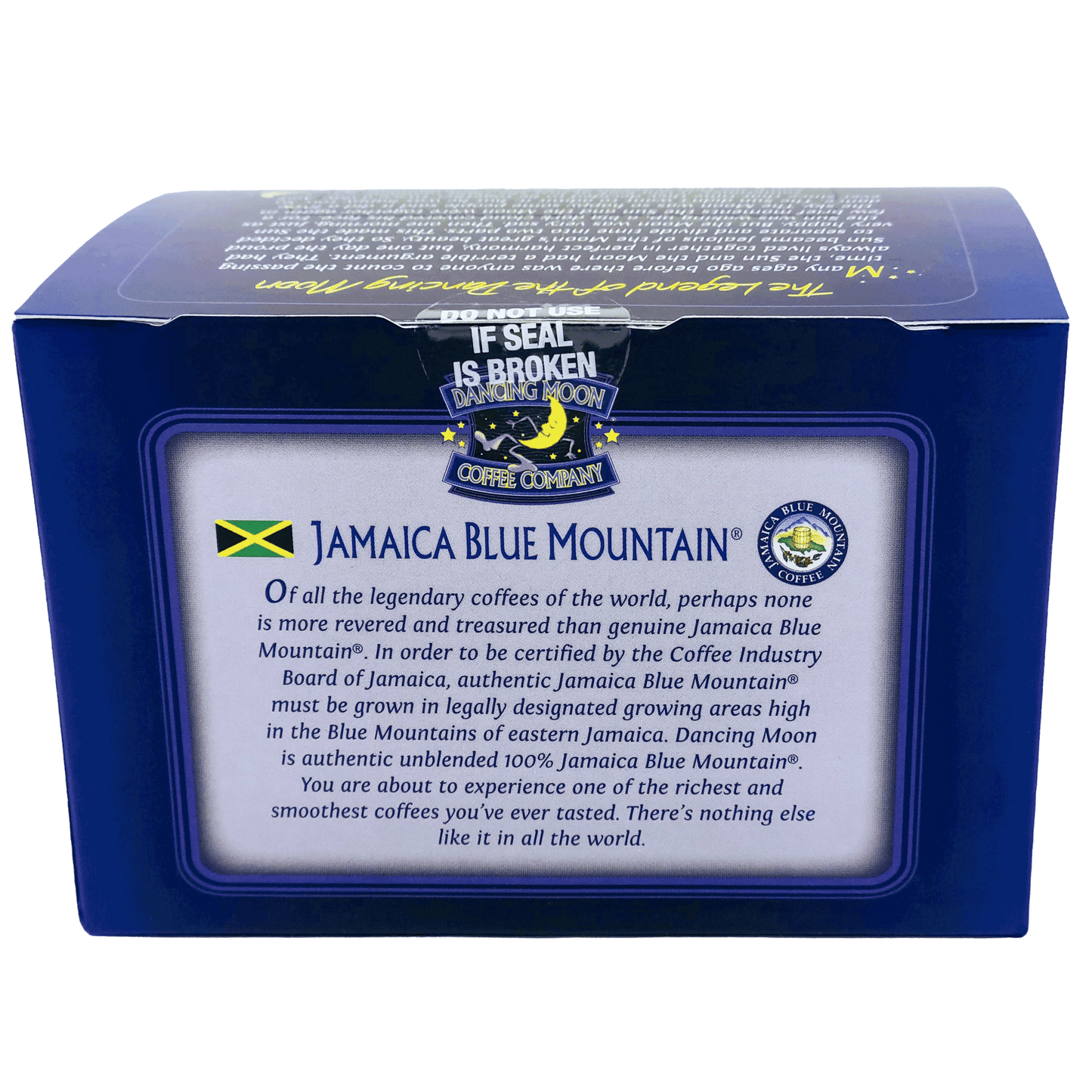 100% JAMAICA BLUE MOUNTAIN ® Single Serve Pods, 12 CT Box-back label